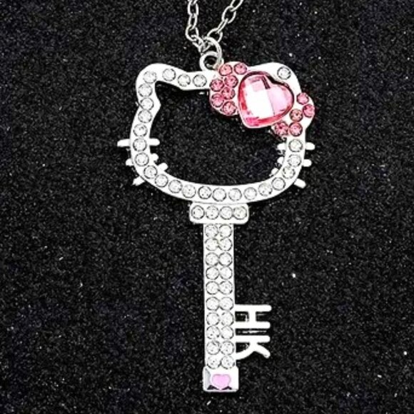 Necklace Hello Kitty Key Rhinestone Pendant Silver Scene Rave Emo Sanrio Sparkle - Picture 2 of 5